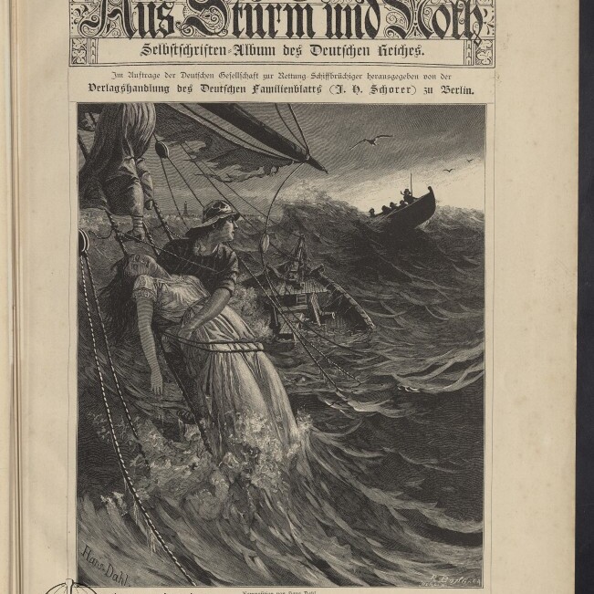 Titelseite einer historischen deutschen Zeitschrift mit ornamentaler Überschrift, darunter eine schwarz-weiße Zeichnung einer Seenot: ein Matrose hält eine bewusstlose Frau in weißem Kleid am Mast eines schlingernden Segelschiffs, im Hintergrund kentertes Wrack, ein Rettungsboot mit Männern auf hohen Wellen und kreisende Möwen.
