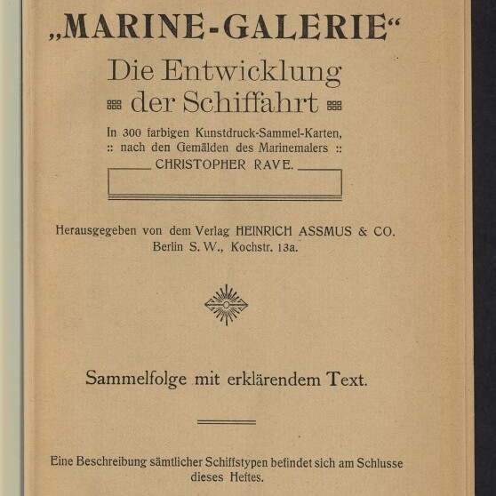 Titelblatt einer alten Broschüre mit großer Überschrift „MARINE‑GALERIE – Die Entwicklung der Schifffahrt“, Nennung des Illustrators Christopher Rave, Verlagsangaben von Heinrich Assmus & Co. und Logo des Internationalen Maritimen Museums Hamburg.