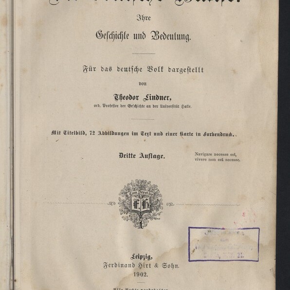 Titelblatt eines alten Buches mit der Überschrift „Die deutsche Hanse. Ihre Geschichte und Bedeutung.“ von Theodor Lindner (Leipzig 1902), dekorativer Vignette in der Mitte, violettem Stempel rechts und deutlichen Altersflecken am Rand.