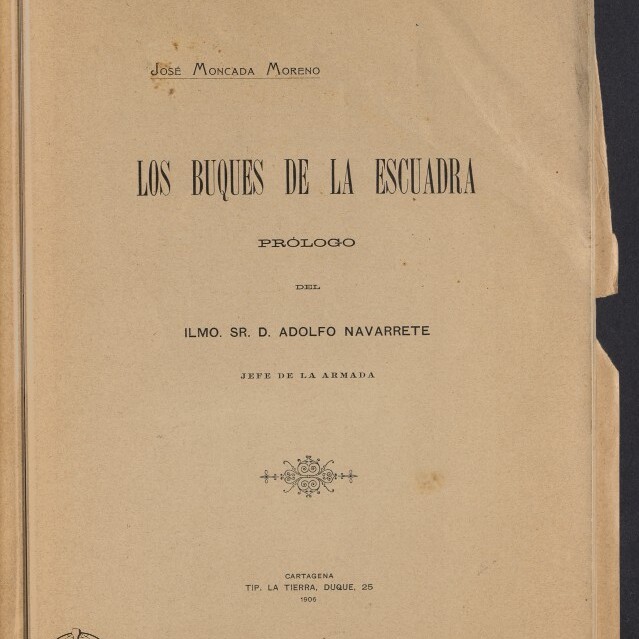 Titelseite eines alten Buches mit dem spanischen Titel Los buques de la escuadra von José Moncada Moreno, dem Vermerk 