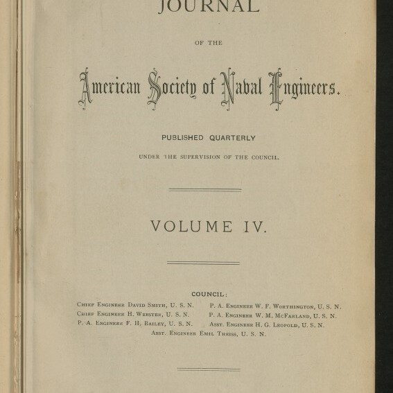 Titelseite des historischen Journals der American Society of Naval Engineers (Volume IV) mit blauem Ovalstempel „BLOHM & VOSS 22 JAN 1903 HAMBURG“, Publikations- und Ratshinweisen sowie dem Logo des Internationalen Maritimen Museums Hamburg.