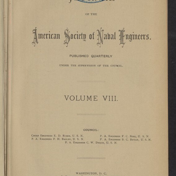 Titelseite des Journals der American Society of Naval Engineers, Volume VIII, in ornamentaler Schrift mit blauem ovalem Stempel oben (22. Jan. 1903), Hinweis „Published Quarterly“, Orts- und Jahresangabe Washington, D.C. 1896 sowie dem Logo des Internationalen Maritimen Museums Hamburg unten links.