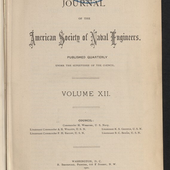 Titelseite eines antiquarischen Journals mit dekorativem Schriftzug „Journal of the American Society of Naval Engineers“, der Angabe Volume XII in der Mitte, einem blauen Ovalstempel oben rechts mit „Blohm & Voss Hamburg 22. Jan. 1903“, Druckangaben unten und dem Logo des Internationalen Maritimen Museums Hamburg in der unteren linken Ecke.