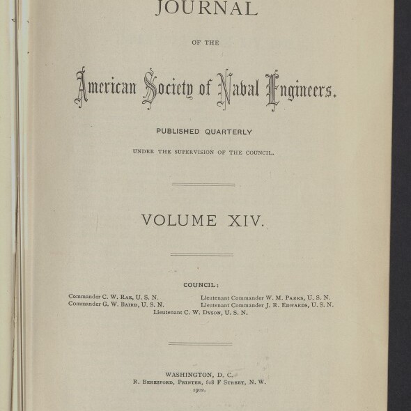Titelseite des Journal 'Journal of the American Society of Naval Engineers', Volume XIV (1902), mit dekorativem Schriftzug, Publikations- und Herausgeberangaben, einer kurzen Vorstandsauflistung, handschriftlicher Signatur oben rechts und Museumsstempel unten links.