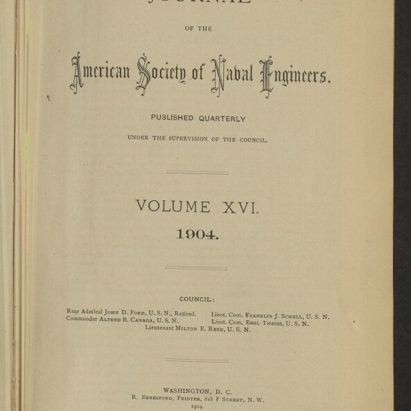 Titelblatt eines gealterten Druckbogens mit dem Aufdruck 'Journal of the American Society of Naval Engineers' in ornamentaler Schrift, darunter 'Volume XVI. 1904.'; handschriftliche Signatur oben rechts und Stempel des Internationalen Maritimen Museums Hamburg unten links.