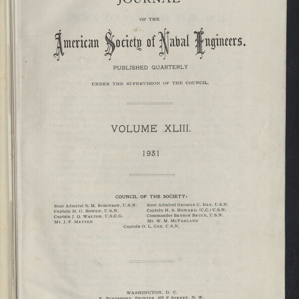 Titelblatt des Journals der American Society of Naval Engineers, Volume XLIII (1931) mit verziertem Schriftzug, gedruckten Angaben zum Verlag und Council, violetter Stempel ‚BLOHM & VOSS HAMBURG‘ oben rechts und Logo des Internationalen Maritimen Museums Hamburg unten links.