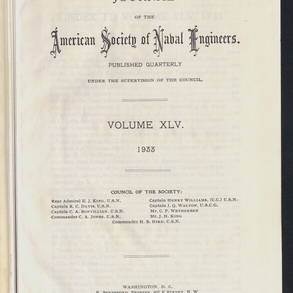 Titelblatt des Journal of the American Society of Naval Engineers (Volume XLV, 1933) mit ornamentaler Titeltypografie, gestempeltem „BLOHM & VOSS HAMBURG“ oben rechts und Logo des Internationalen Maritimen Museums Hamburg unten links.