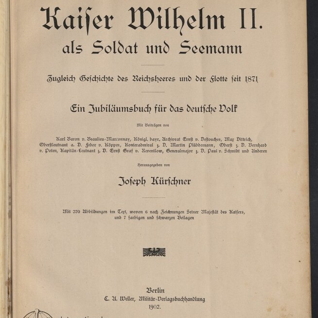 Titelblatt eines historischen Buches mit groß in Frakturschrift gedrucktem Namen einer historischen Persönlichkeit, dem Untertitel „als Soldat und Seemann“, dem Herausgeber Joseph Kürschner, Verlagsangabe Berlin 1902, einem Stempel oben rechts und dem Logo des Internationalen Maritimen Museums Hamburg unten links.
