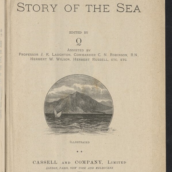 Titelseite eines Buches mit großer Überschrift The Story of the Sea, Herausgeberangabe, einer runden Vignette mit einer Insel oder Berglandschaft und Segelbooten, Verlagsangabe Cassell and Company, Limited und Stempel des Internationalen Maritimen Museums Hamburg.