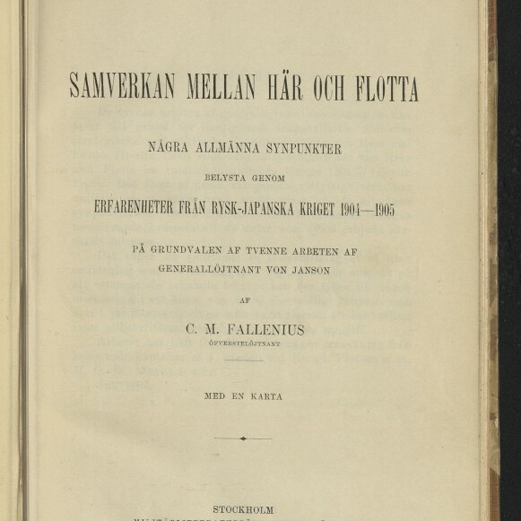 Titelblatt einer alten schwedischen Militärpublikation mit großem Titel 