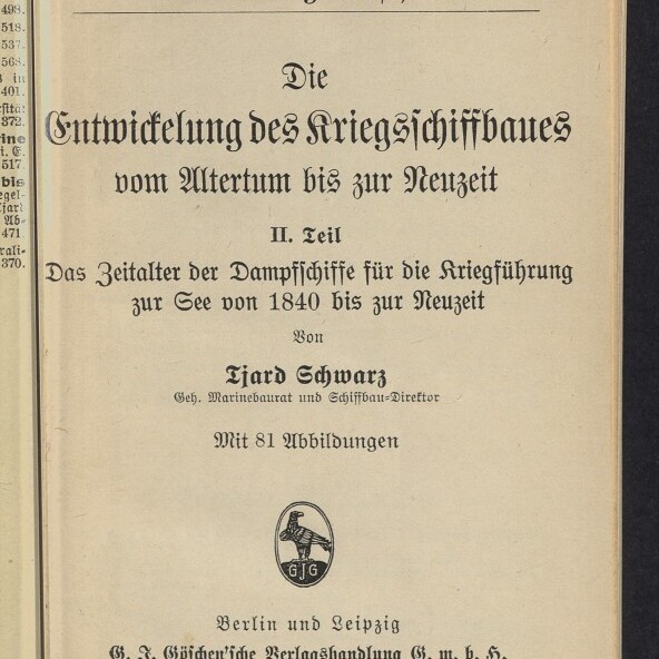 Titelblatt eines deutschen Buches von 1912: „Die Entwickelung des Kriegsschiffbaues vom Altertum bis zur Neuzeit, II. Teil – Das Zeitalter der Dampfschiffe für die Kriegsführung zur See von 1840 bis zur Neuzeit“ von L. Schwarz, mit Verlagsangaben, Verlagsemblem und Stempel des Internationalen Maritimen Museums Hamburg.
