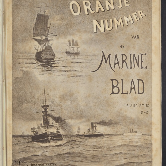 Titelblatt 1898: Segelschiffe oben, Dampfschiffe unten auf bewegter See, Schriftzug Oranje Nummer und Marine Blad