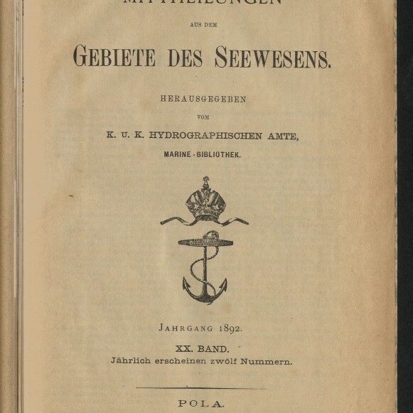 Titelseite 1892 von Mitteilungen aus dem Gebiete des Seewesens mit Anker-Wappen und Besitzstempel der Stettiner Maschinenbau-Gesellschaft Vulcan