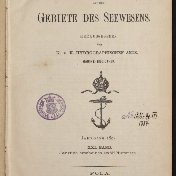 Titelblatt (1893) der Mitteilungen des Seewesens, mit Anker-Emblem und Bibliotheksstempeln.