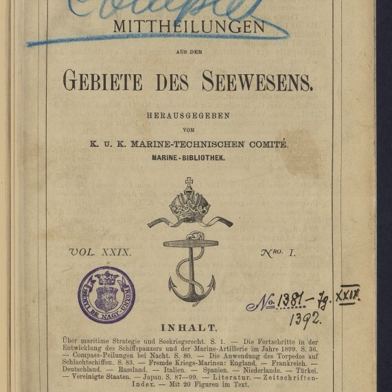 Vergilbtes Titelblatt der maritimen Fachschrift Pola 1901 mit blauem Handschriftzug, Anker-Wappen und lila Stempeln.