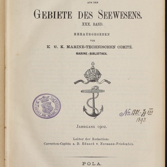 Titelblatt einer maritimen Publikation von 1902 mit großem Titel, Ankerwappen, Rundstempel und handschriftlicher Notiz.