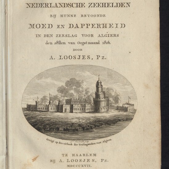 Titelblatt einer niederländischen Schrift mit Ovalstich einer befestigten Hafenstadt (Turm, Rauch) und kurzem Titeltext.