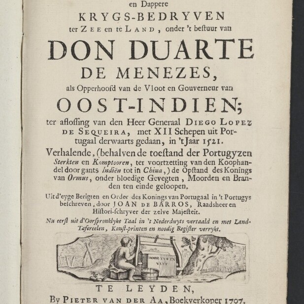 Historisches niederländisches Titelblatt (1707) mit großem Titel Don Duarte de Menezes und einer Holzschnittvignette