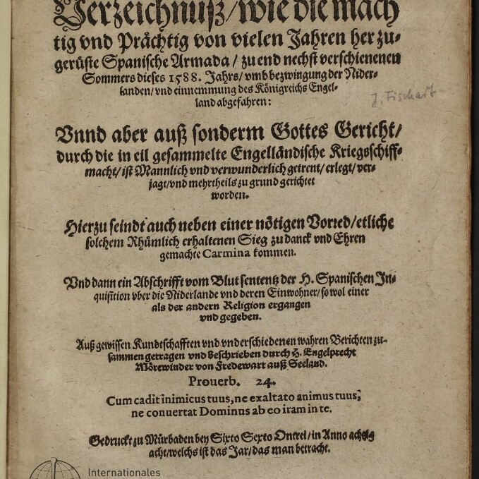 Titelblatt einer deutschen Frakturschrift zur Spanischen Armada (1588) auf vergilbtem Papier mit Randnotizen und Museumsstempel.
