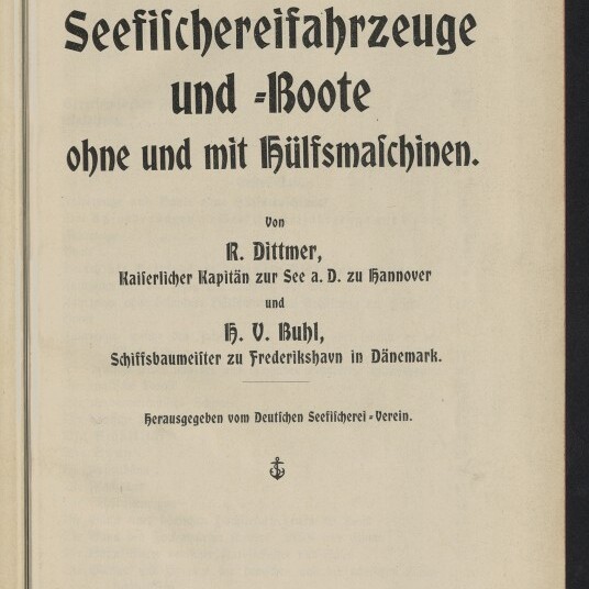 Titelseite eines deutschen Buchs (1904) mit Fraktur-Titel Seefischereifahrzeuge und -Boote, Autorenangaben und Museumsstempel.