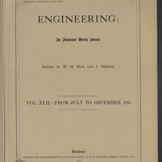 Titelblatt der Zeitschrift ENGINEERING, Vol. XLII (Juli–Dezember 1886), herausgegeben von W. H. Maw und J. Dredge.