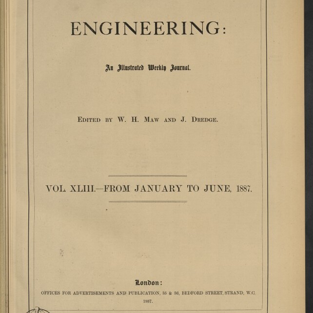 Titelseite der Zeitschrift ENGINEERING, herausgegeben von W. H. Maw und J. Dredge, Band XLIII, Januar–Juni 1887.