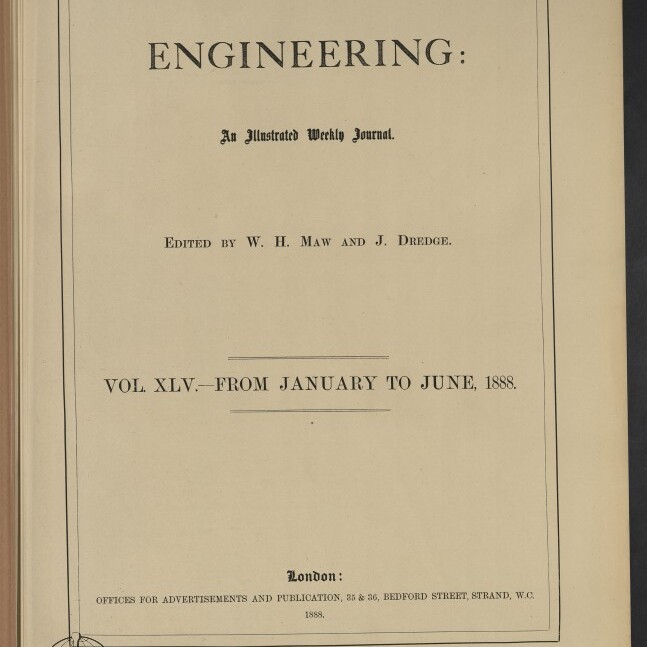 Titelseite des Journals ENGINEERING (Vol. XLV, Jan–Jun 1888) mit Herausgebern, Verlagsangabe und Museumsstempel.