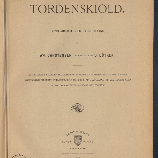 Titelblatt des Buches TORDENSKIOLD mit Autorenangaben Wm. Carstensen und O. Lütken, Verlagswappen und Stempel des Internationalen Maritimen Museums Hamburg.