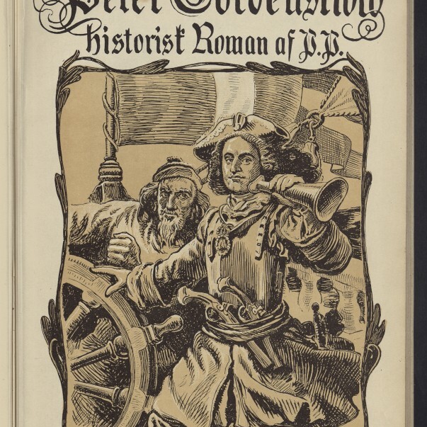 Cover mit Titel Peter Tordenstöld und Bild eines Seefahrers am Steuerrad mit Horn, älterer Mann dahinter.