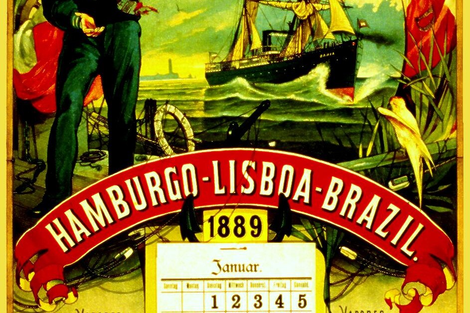 Werbeplakat von 1889 für Hamburg–Lissabon–Brasilien mit Matrosenfigur, Segeldampfer und Monatskalender.
