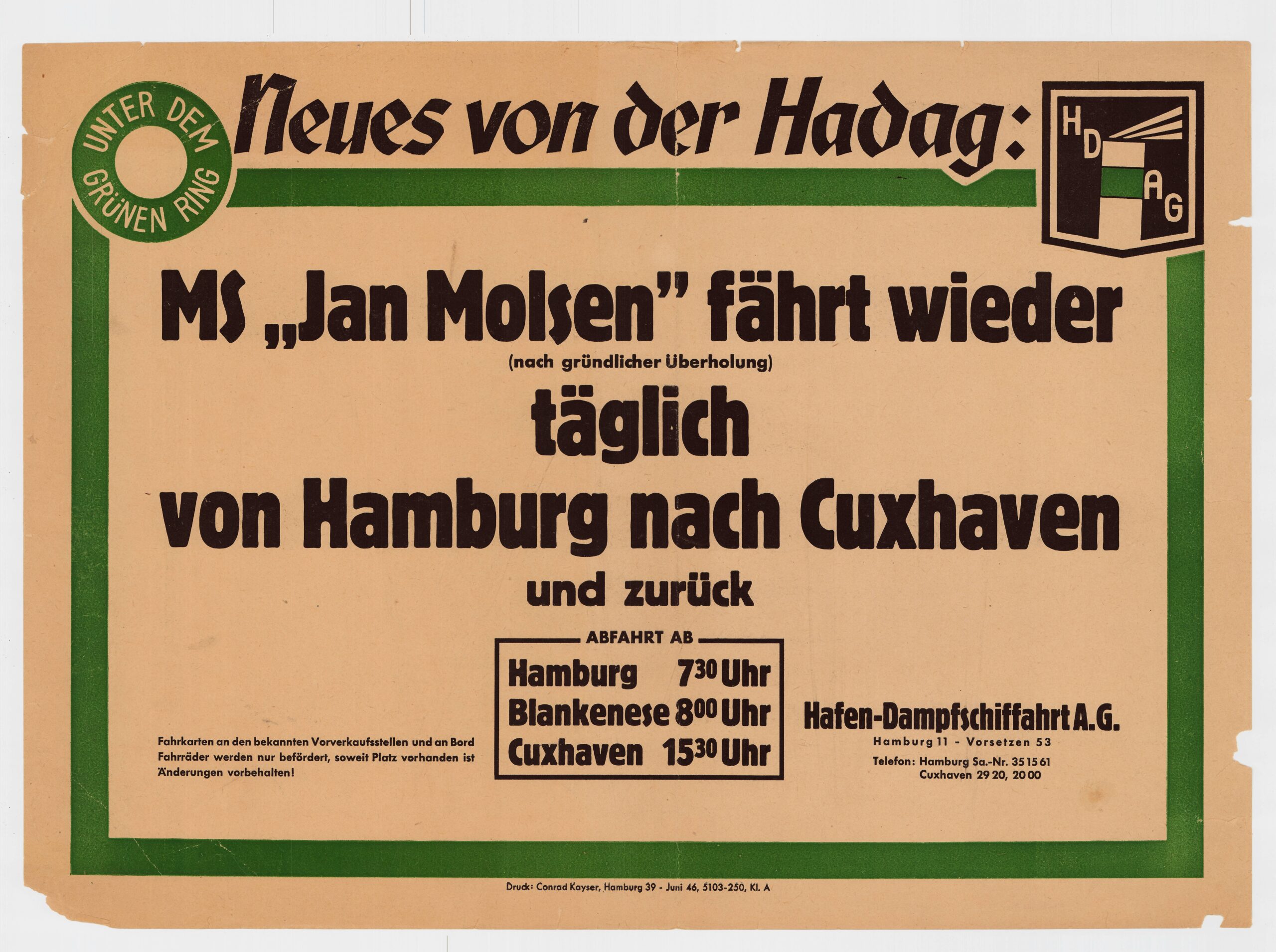 Historisches Werbeplakat für die MS Jan Molsen, die täglich von Hamburg nach Cuxhaven und zurück fährt, mit grünem Rahmen.