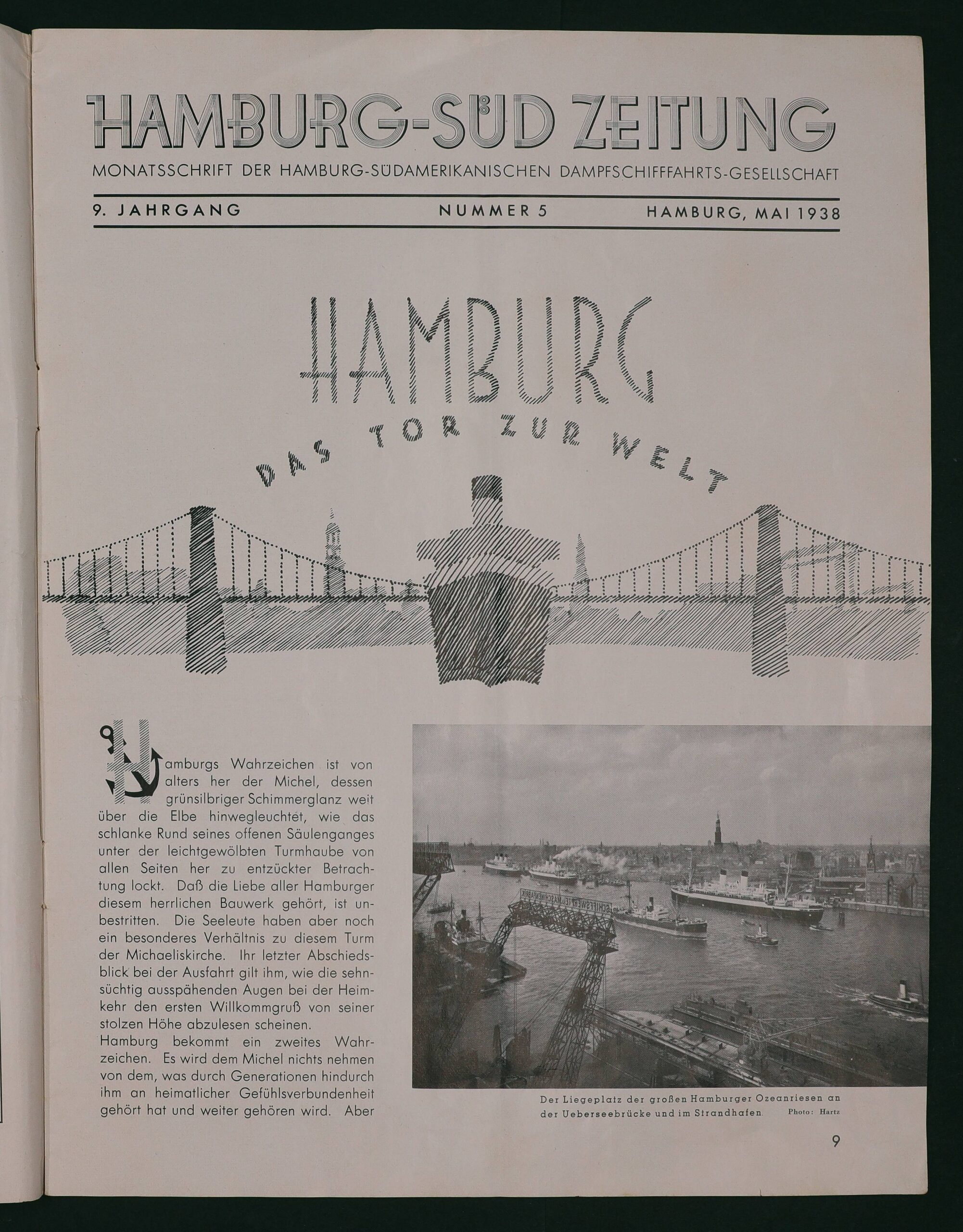 Titelseite der Hamburg‑Süd Zeitung (Mai 1938) mit skizzierter Silhouette von Hamburg, Brücke, Schiffsbug und kleinem Hafenfoto.