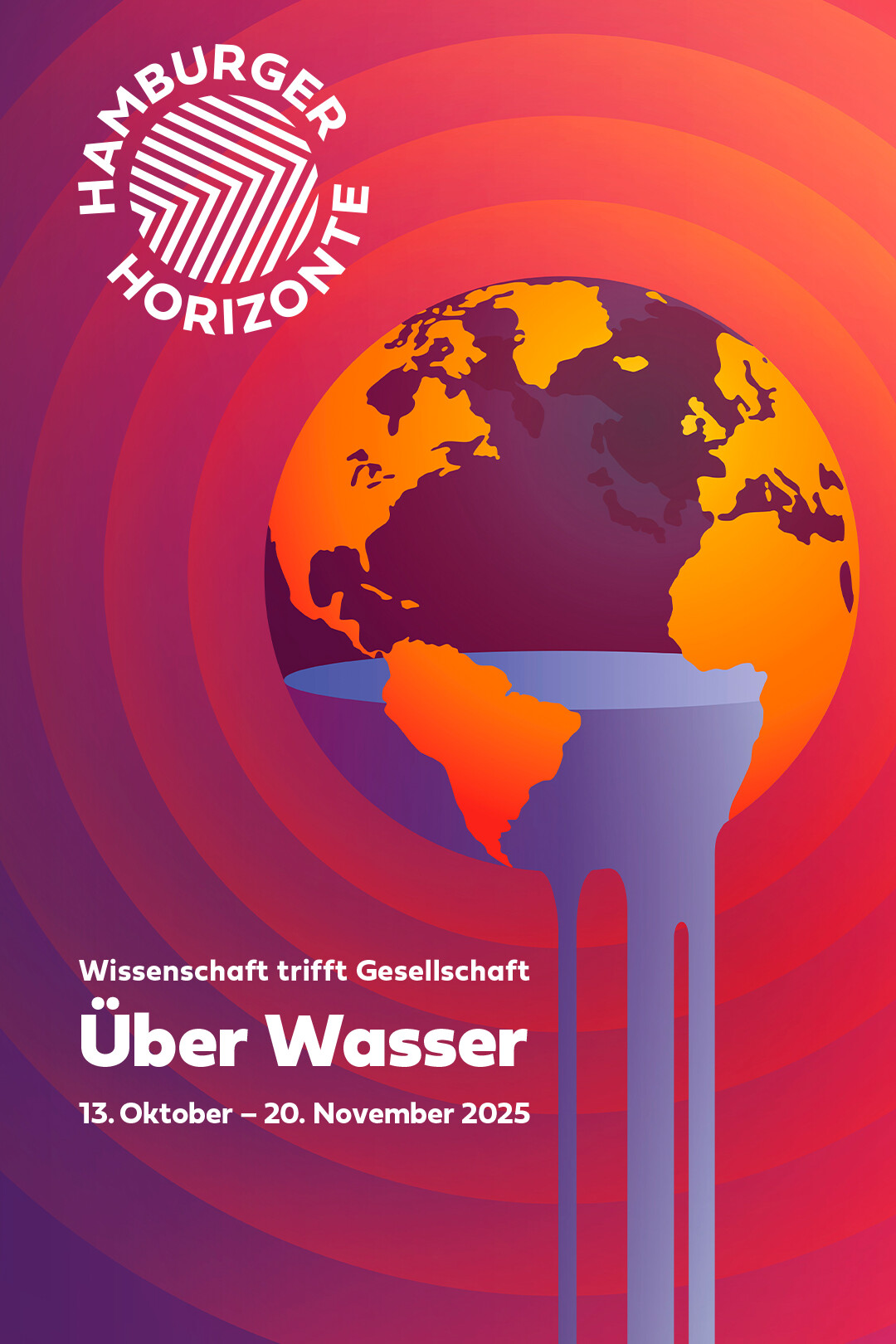 Weltkugel, die wie schmelzendes Wasser tropft, vor orange-violettem Hintergrund, mit Logo Hamburger Horizonte und Über Wasser.