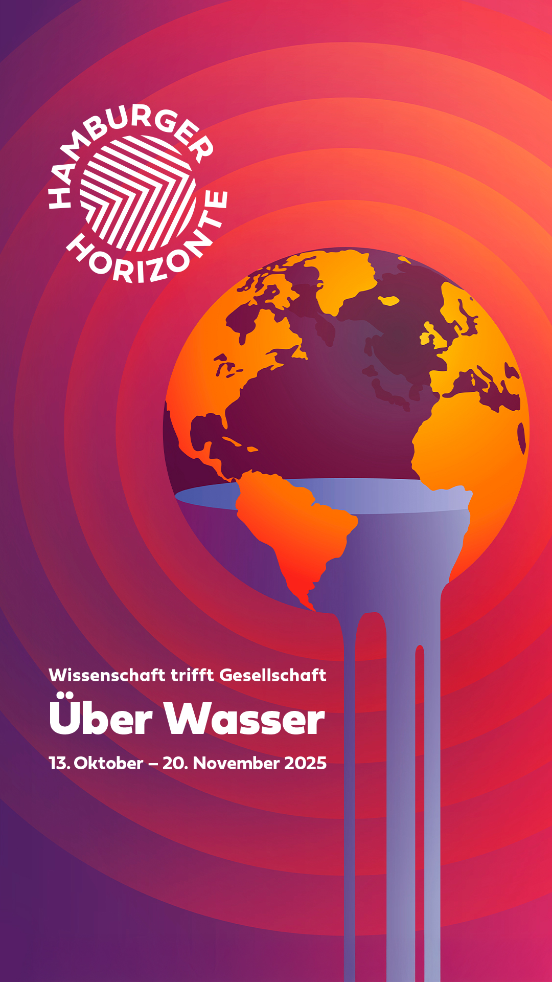 Weltkugel, die wie schmelzendes Wasser tropft, vor orange-violettem Hintergrund, mit Logo Hamburger Horizonte und Über Wasser.