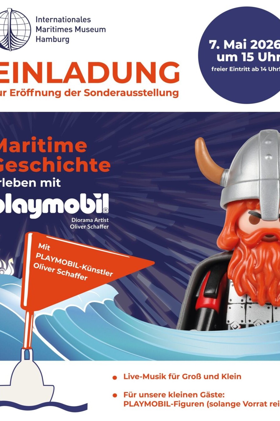 Plakat zur Eröffnung einer Playmobil-Sonderausstellung im Internationalen Maritimen Museum Hamburg mit Wikinger-Figur und Datum.