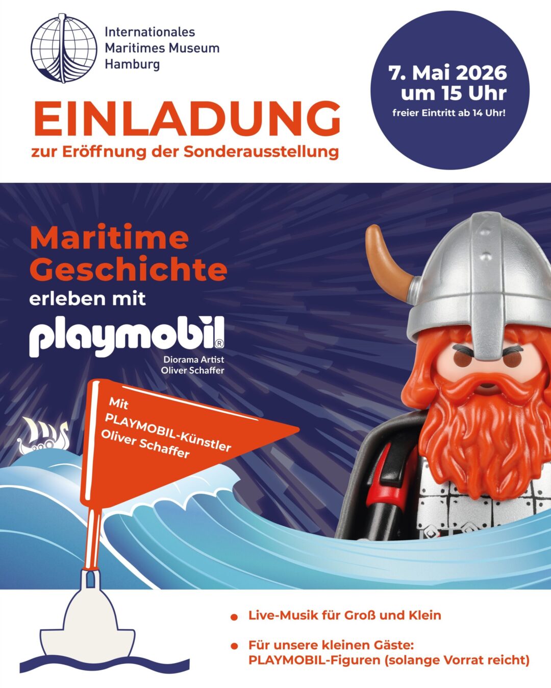 Plakat zur Eröffnung einer Playmobil-Sonderausstellung im Internationalen Maritimen Museum Hamburg mit Wikinger-Figur und Datum.