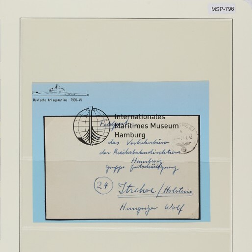 Kuvert mit Stempel 'Internationales Maritimes Museum Hamburg' und handschriftlicher Adresse auf Ausstellungsblatt mit Farbkarte.