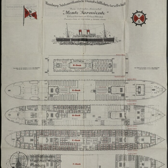 Deckpläne und Seitenansicht des Passagierschiffs Monte Sarmiento (Hamburg‑Süd) mit beschrifteten B‑ bis F‑Decks und Firmenlogos.