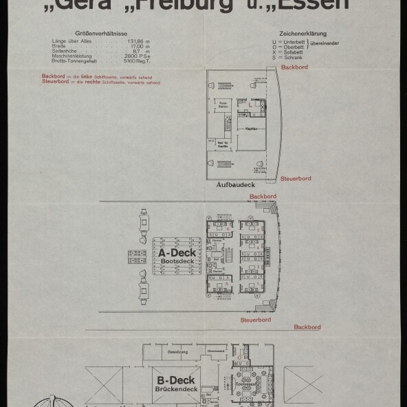 Deckplan-Poster der Hamburg‑Amerika Linie mit Aufbaudeck, A‑Deck und B‑Deck der Turbinenschiffe 'Gera', 'Freiburg' und 'Essen'.