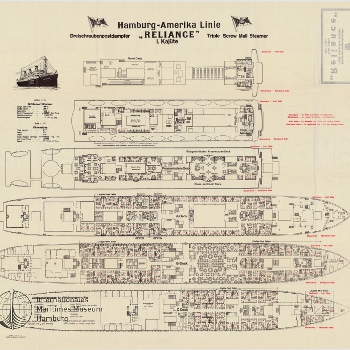 Schematische Deckpläne des Hamburg‑Amerika‑Linie Dampfers Reliance mit mehreren Decks und kleiner Seitenansicht.