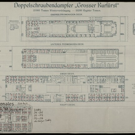 Deckpläne des Doppelschraubendampfers Grosser Kurfürst (Norddeutscher Lloyd, Polarfahrt 1912) mit vier Decks.
