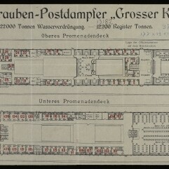Technische Planzeichnung des Doppelschrauben-Postdampfers Großer Kurfürst mit Ober- und Unter-Promenadendeck, Kabinenlayout und Museumslogo
