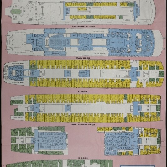 Farbiger Deckplan des Kreuzfahrtschiffs Caronia mit mehreren farblich kodierten Decks, Kabinen und Museumsstempel.