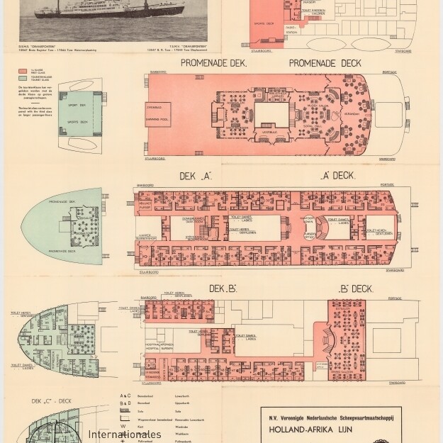 Deckplan der MS Oranjefontein mit Boots-, Promenaden-, A‑ und B‑Deck sowie kleinem Schiffsbild.