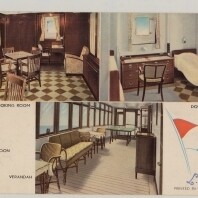 Postkarten-Collage mit Schiff außen und mehreren Innenansichten sowie dem Schriftzug Internationales Maritimes Museum Hamburg