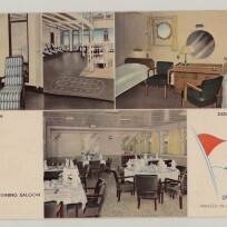 Collage mit Innenansichten eines Schiffs (Salon, Speisesaal, Kabine), Logo Internationales Maritimes Museum Hamburg und Gemälde eines Frachters auf See.