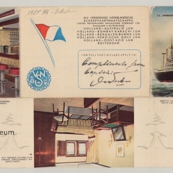 Collage aus Postkarten mit Innen- und Außenansichten eines Ozeandampfers; Wasserzeichen des Internationalen Maritimen Museums Hamburg.
