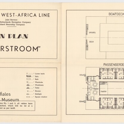 Deckpläne der M.V. Nigerstroom: Boatdeck und Passengerdeck mit Kabinenlayout, technischen Daten und Museumsstempel.