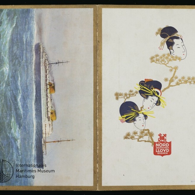 Zweiteilig: links Dampfschiff auf rauer See, rechts japanische Frauenköpfe auf Kiefernzweig und Norddeutscher Lloyd-Logo.