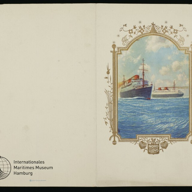 Offene cremefarbene Karte, rechts ein goldgerahmtes Bild zweier Passagierschiffe auf blauem Meer mit Nord Lloyd-Emblem.